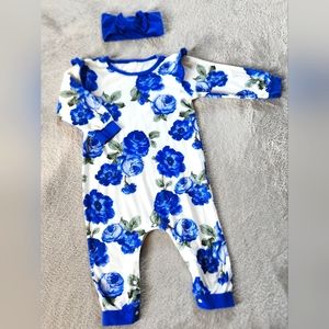 Baby Girl Floral Contrast Binding Ruffle Jumpsuit With Headband